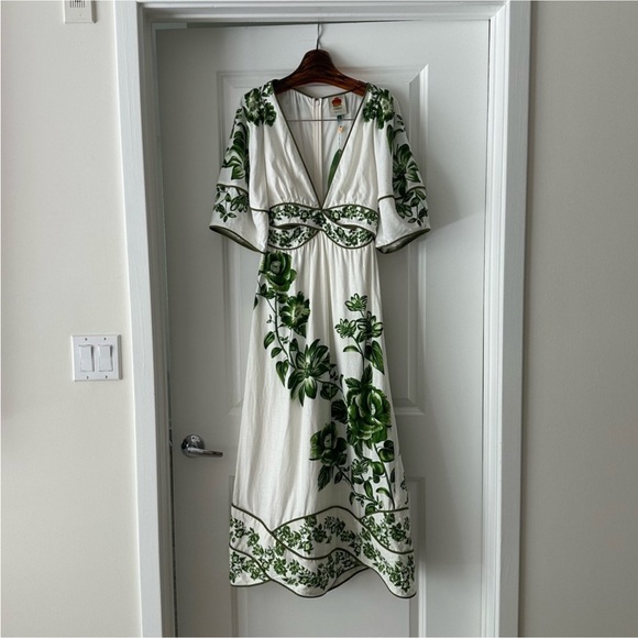 Farm Rio: Off-White Green Floral Cascade Lenzing™ Ecovero™ Euroflax™ Midi Dress - Picture 7 of 11